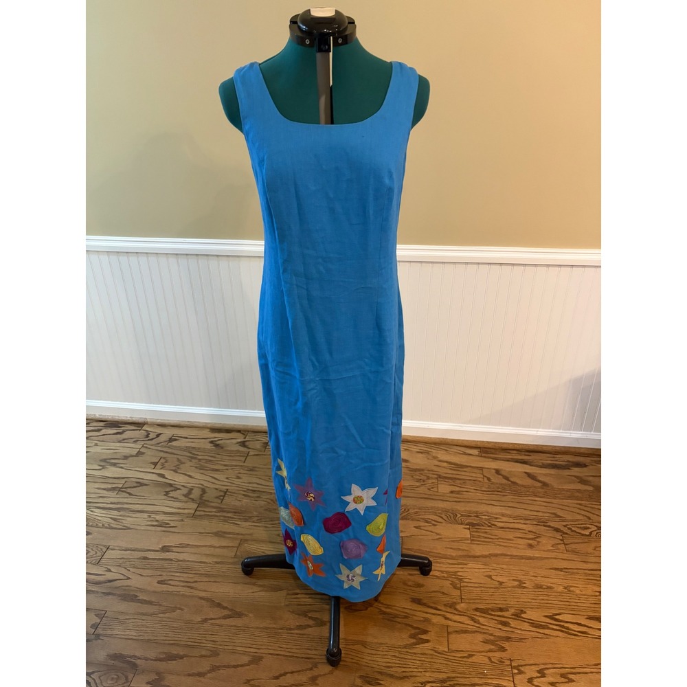Kenneth Nolan Women's Size 12 Blue Linen Maxi Dress Floral Appliqué Sleeveless